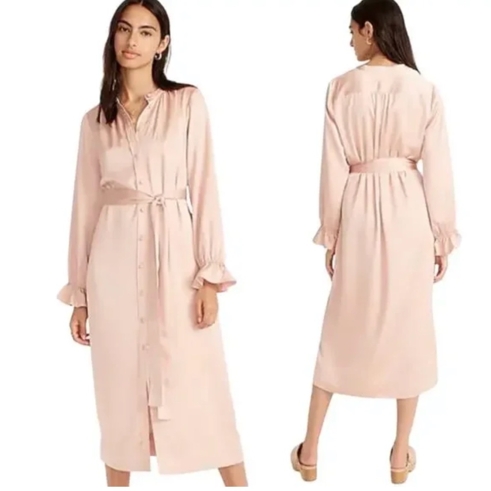NWOT J. Crew Drapey Blush Satin-Back Crepe Tie Midi Shirtdress L